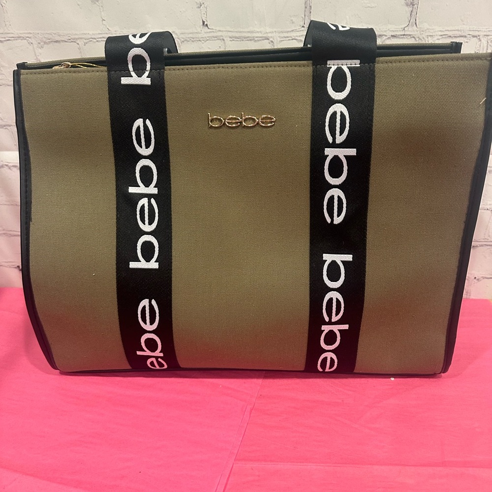 Bebe Khaki Tote with Black Logo Straps